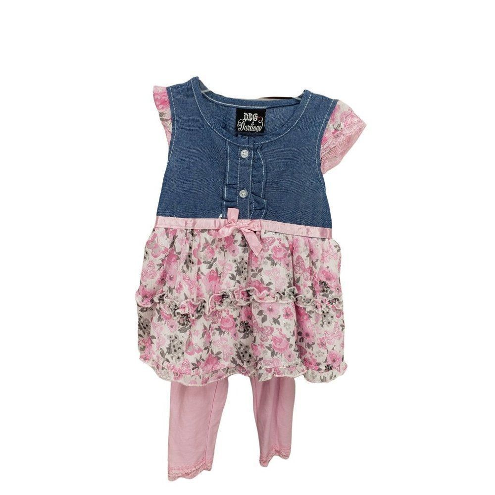 DDG Darling 12 months 2 piece outfit floral denim top pink leggings tights